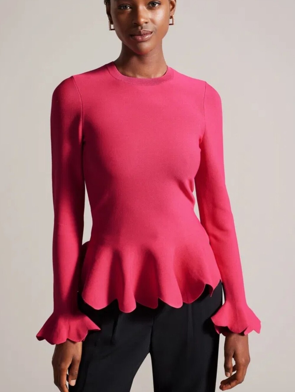 Ted Baker Magenta Pink Lillyyy Fitted Peplum Sweater Knit Top SZ XL Coquette